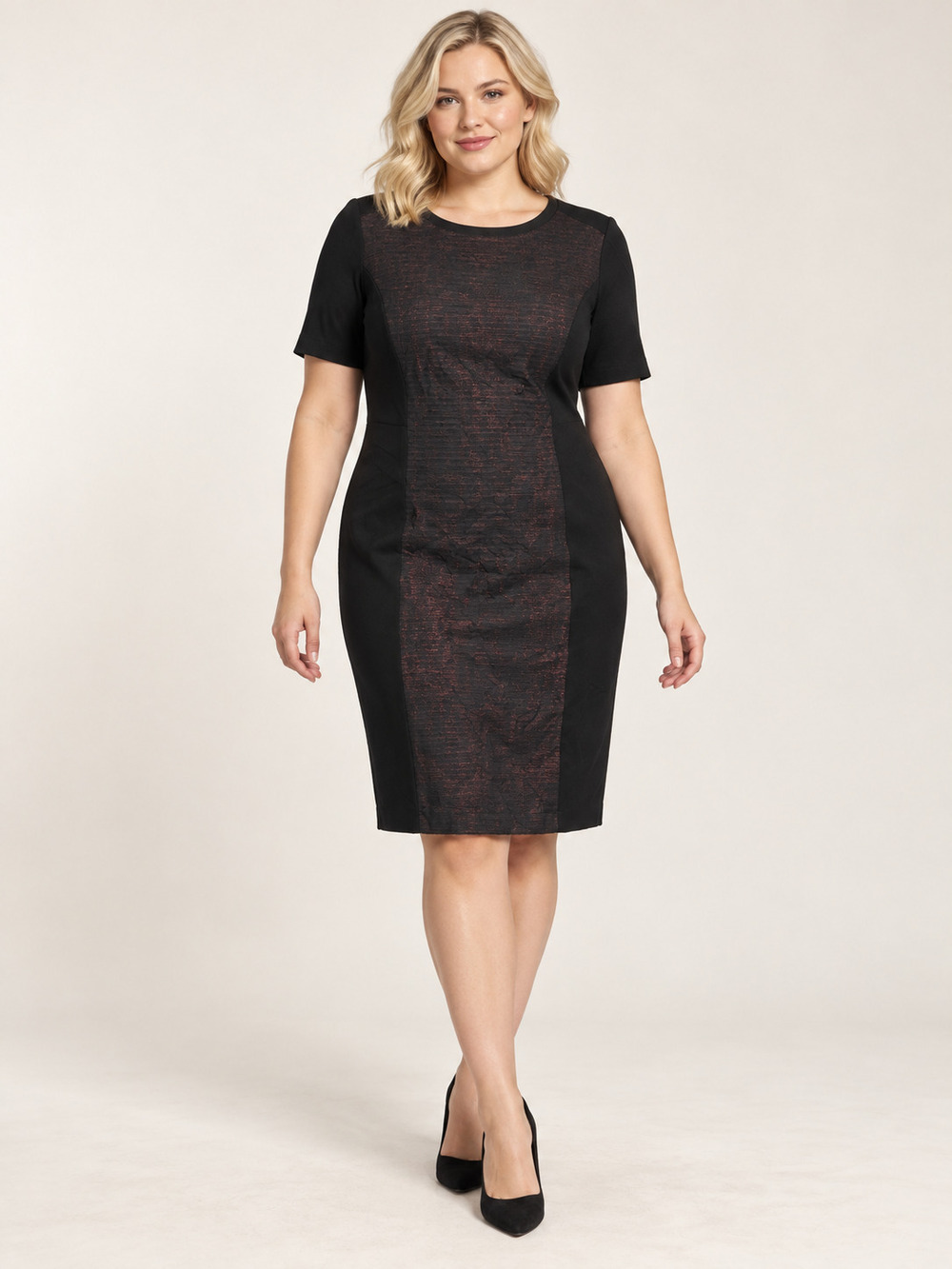 Elie Tahari Black Burgundy Textured Panel Sheath Dress 12 #A6051